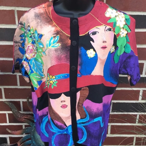 Kolorway Vintage Handpainted Ladies Floral Top Jacket Short Sleeves Red Hat Lady - Picture 4 of 6